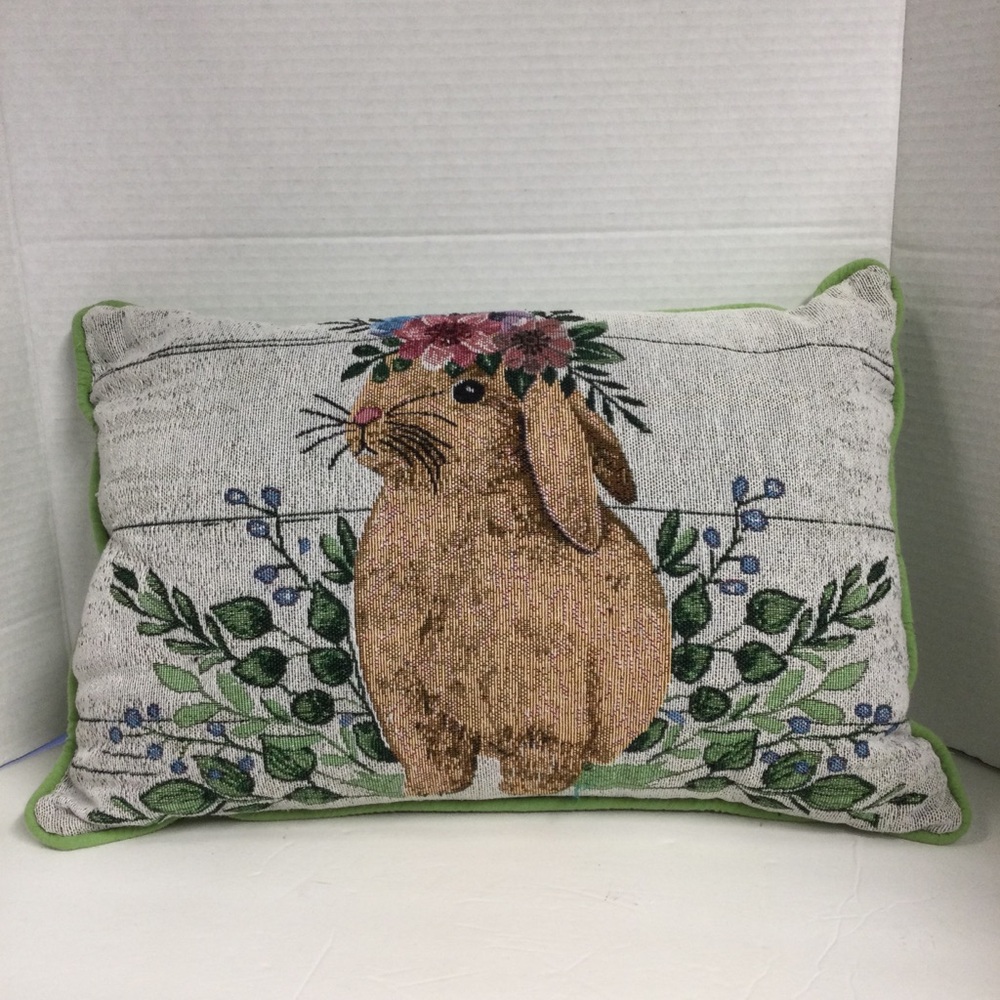Easter Tapestry Throw Pillow “Flower Crown Bunny” Cottagecore 13inx18in